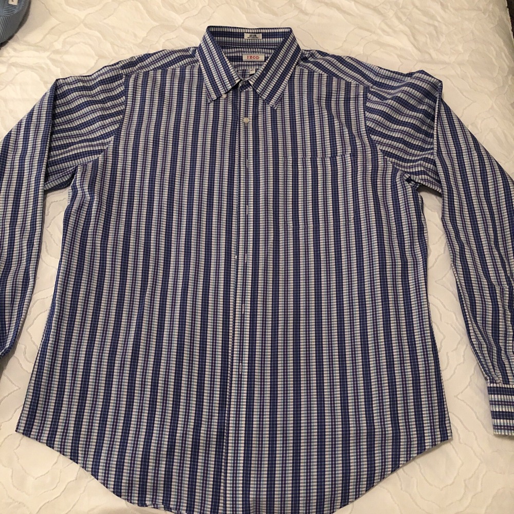 Izod Button Mens 17 Purple Blue Check Long Sleeve Shirt Casual Cotton Pre-owned